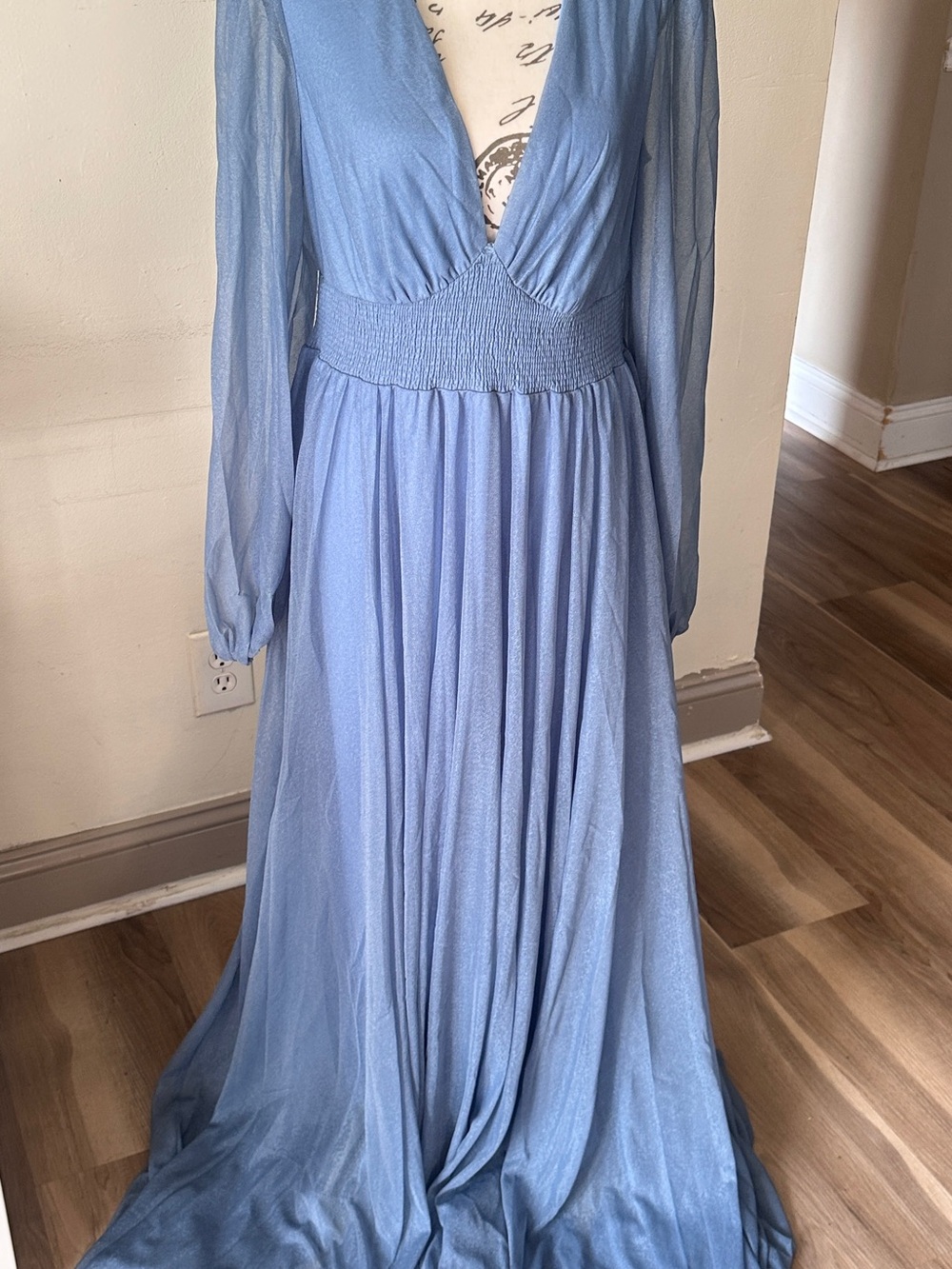 Light Blue Long-Sleeve V-Neck Maxi Dress with Smocked Waist